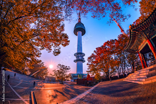 seoul tower and chinese octagonal pavilion in autumn with morning sunrise, Seoul city, South Korea.October 27,2019
