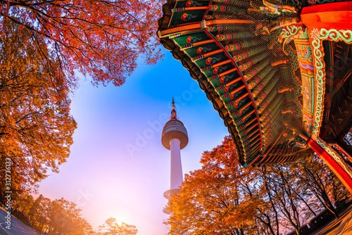 seoul tower and chinese octagonal pavilion in autumn with morning sunrise, Seoul city, South Korea.October 27,2019