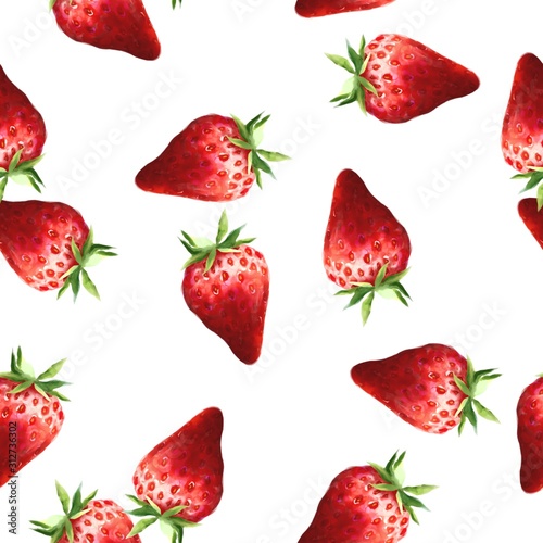 Fototapeta Naklejka Na Ścianę i Meble -  Red strawberries seamless pattern on white background