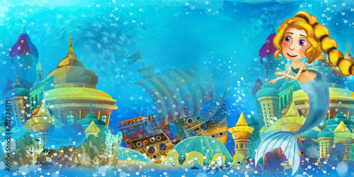 Cartoon ocean and the mermaid in underwater kingdom swimming and having fun - illustration for children