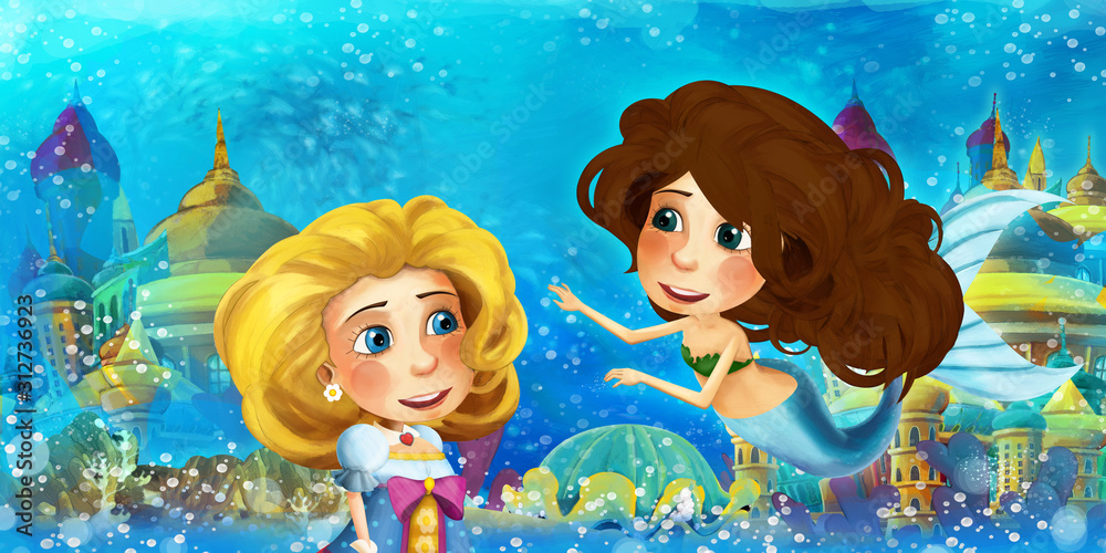 Fototapeta premium Cartoon ocean and the mermaid in underwater kingdom swimming and having fun - illustration for children