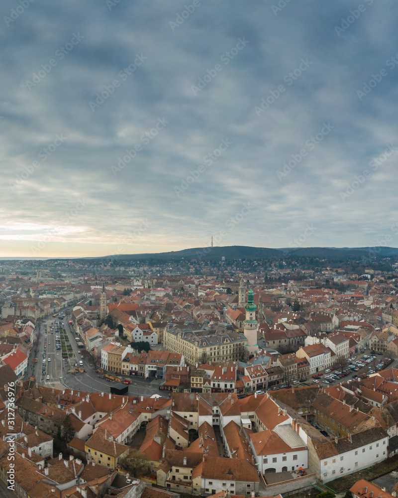 Aerial panorama of medieval Sopron with fire tower
