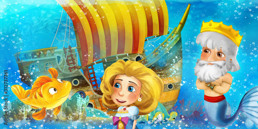 Cartoon ocean scene and the mermaid princess in underwater kingdom swimming and having fun near the sunken pirate ship - illustration for children Cartoon ocean scene and the mermaid princess in underwater kingdom swimming and having fun near the sunken pirate ship - illustration for children