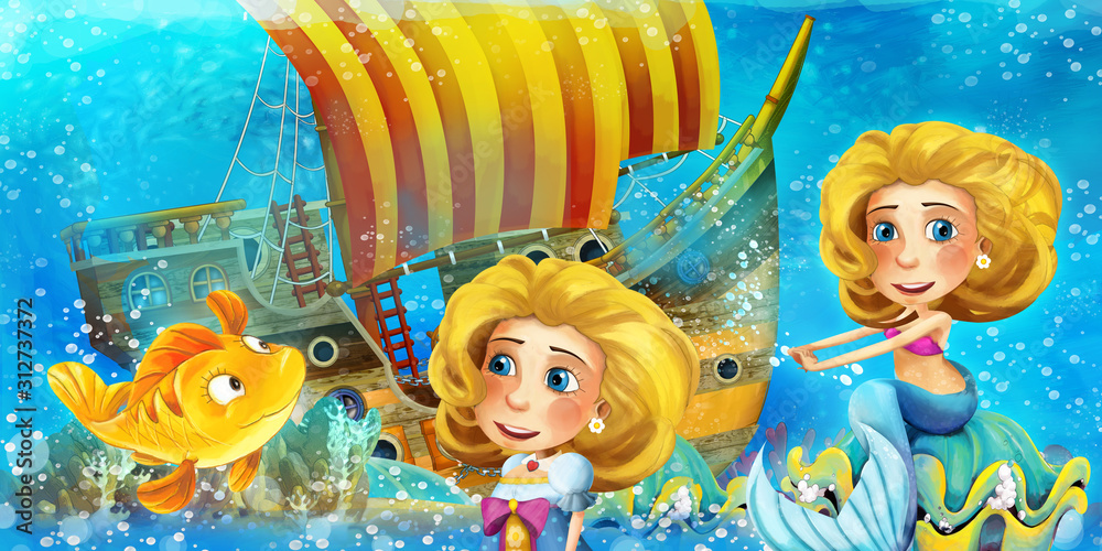 Cartoon ocean scene and the mermaid princess in underwater kingdom swimming and having fun near the sunken pirate ship - illustration for children Cartoon ocean scene and the mermaid princess in underwater kingdom swimming and having fun near the sunken pirate ship - illustration for children