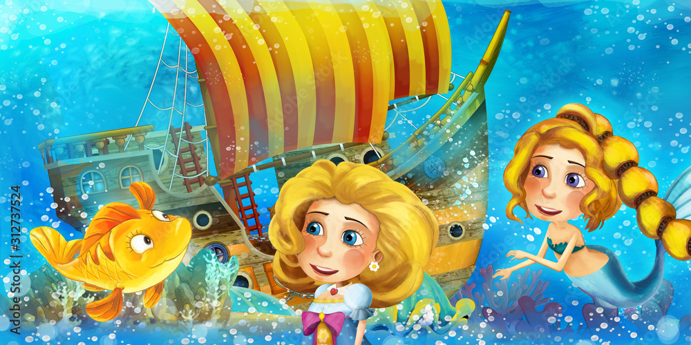 Naklejka premium Cartoon ocean scene and the mermaid princess in underwater kingdom swimming and having fun near the sunken pirate ship - illustration for children