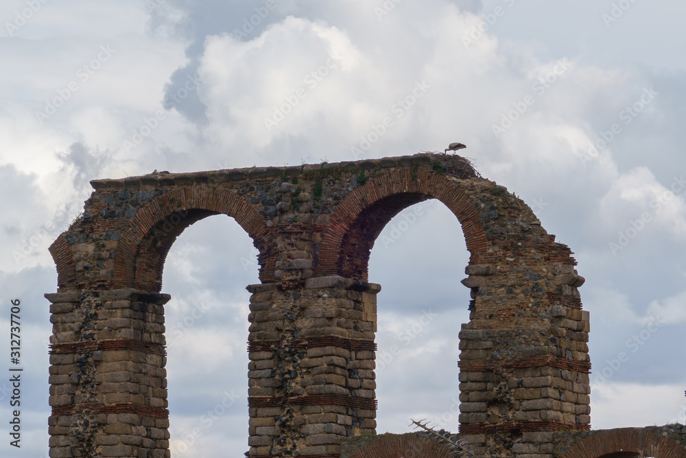 Bird nest in the famous roman aqueduct of the Miracles, Los Milagros, in Merida, province of Badajoz, Extremadura, Spain.The Archaeological Ensemble of Merida is declared a UNESCO World Heritage Site