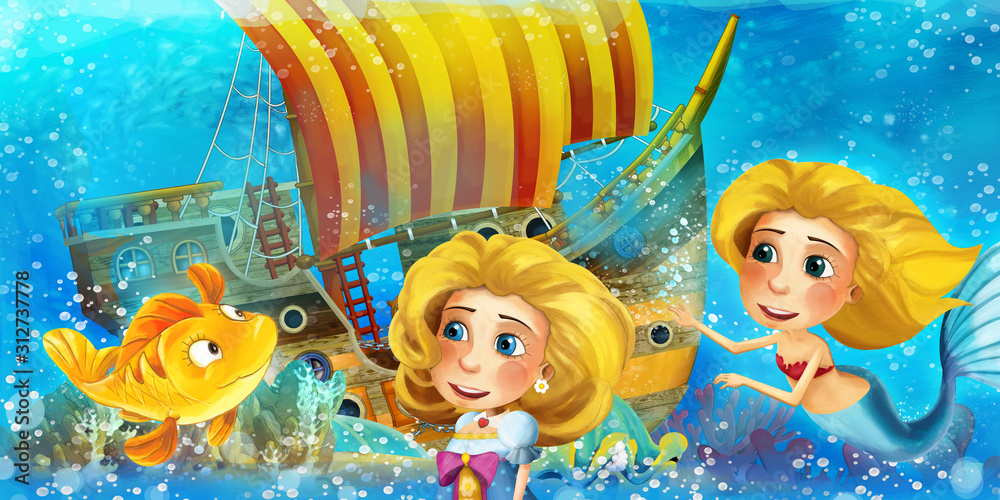Naklejka premium Cartoon ocean scene and the mermaid princess in underwater kingdom swimming and having fun near the sunken pirate ship - illustration for children