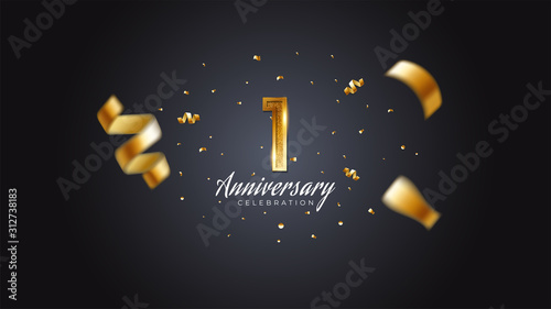 1st anniversary celebration Gold numbers with dotted halftone, shadow and sparkling confetti. modern elegant design with black background. for wedding party event decoration. Editable vector EPS 10