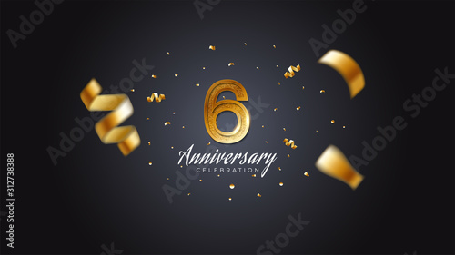 6th anniversary celebration Gold numbers with dotted halftone, shadow and sparkling confetti. modern elegant design with black background. for wedding party event decoration. Editable vector EPS 10