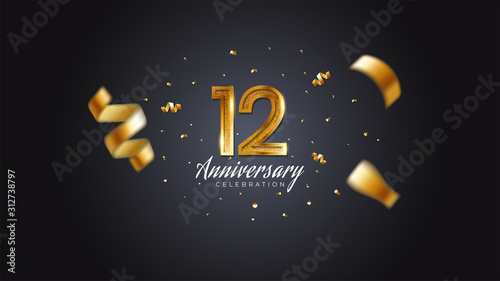 12th anniversary celebration Gold numbers with dotted halftone, shadow and sparkling confetti. modern elegant design with black background. for wedding party event decoration. Editable vector EPS 10