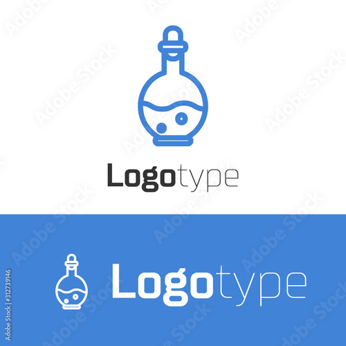 Blue line Glass bottle with magic elixir icon isolated on white background. Computer game asset. Logo design template element. Vector Illustration