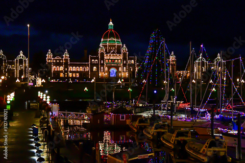 A night view of Victoria inner harbour in christmas season. BC Canada 