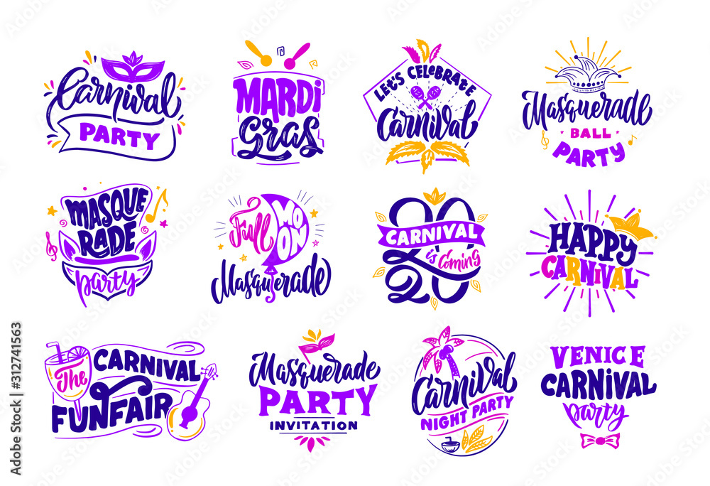 Fototapeta premium Carnival collection emblems, labels, badges, logos, stamps, phrases, lettering compositions. Big set 