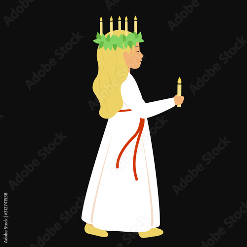 St. Lucia day. A girl in a white dress and a wreath of candles holding a candle.