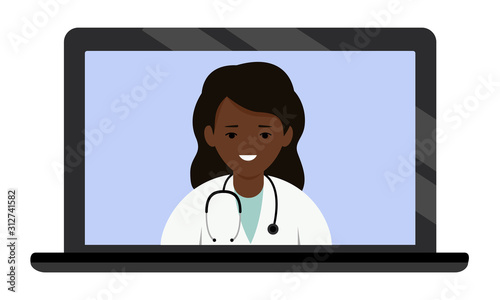 A dark-skinned woman doctor with a stethoscope and in uniform on a monitor screen.