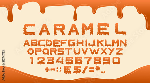 Caramel font, alphabet for sweet liquid food, dessert. Vector cartoon glossy english type, letters and numbers with flowing drops of honey, candy or cream