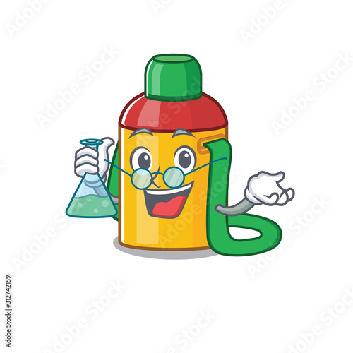 Funny and Smart Professor kids water bottle Scroll mascot holding glass tube