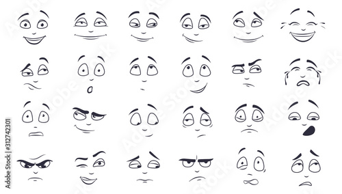 Facial expression flat vector illustration set. Happy, laughing, pensive, unhappy, tired, angry, crying monochrome cartoon face. Emotions concept photo