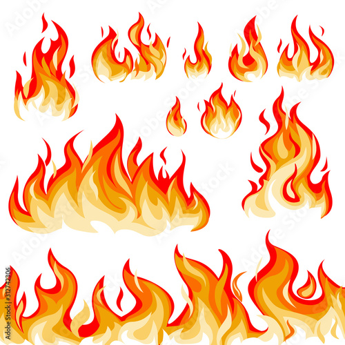 Flame flat vector illustration set. Fire, burning, blazing, texture. Danger, decoration, ignition concept