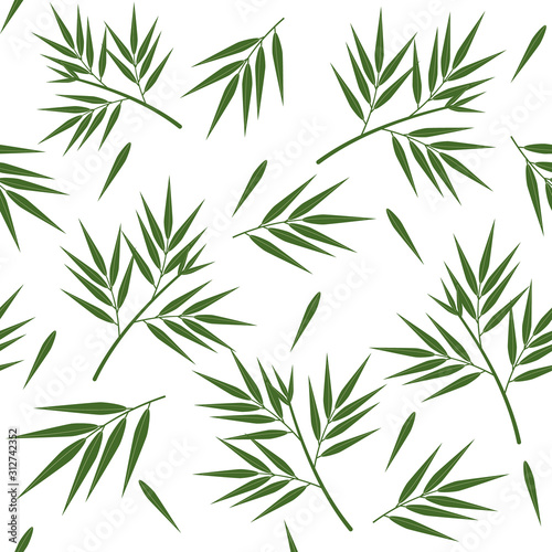 Green bamboo leaves seamless pattern, white background, vector