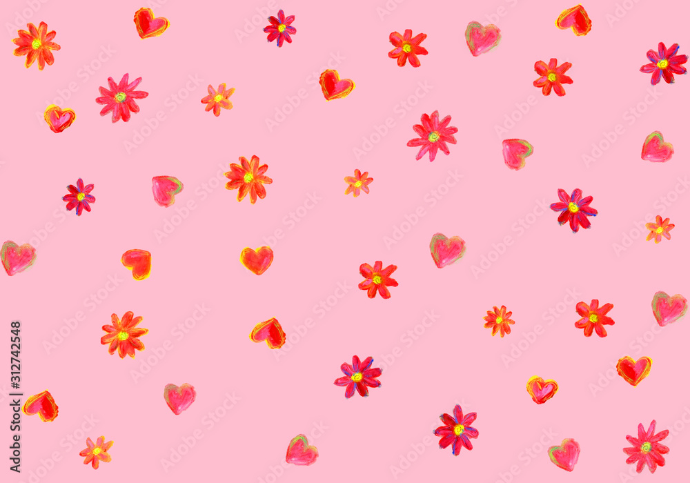 手描きの花とハート柄の背景　ピンク