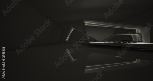 Abstract drawing architectural white interior of a minimalist house with swimming pool and neon lighting. 3D illustration and rendering.