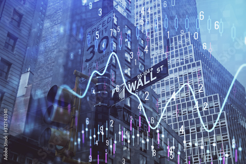 Forex chart on cityscape with tall buildings background multi exposure. Financial research concept.