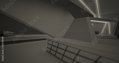 Abstract drawing architectural white interior of a minimalist house with swimming pool and neon lighting. 3D illustration and rendering.