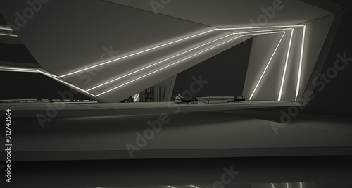 Abstract drawing architectural white interior of a minimalist house with swimming pool and neon lighting. 3D illustration and rendering.