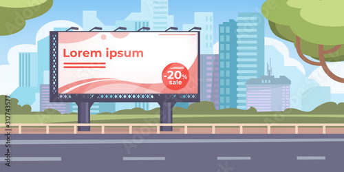 Billboard on street flat vector illustration. Sale banner template, text sample, discount, city. Advertising, marketing, announcement concept