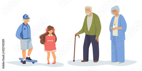 Different generation set. Children with skateboard, senior couple, grandparents. Flat vector illustrations. Age, family concept for banner, website design or landing web page