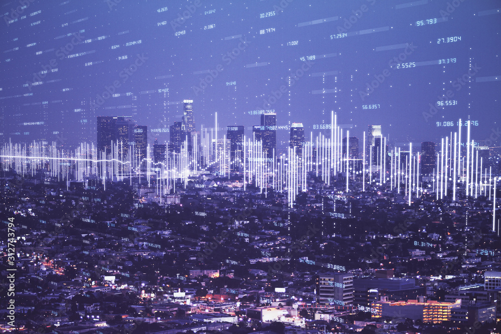 Financial graph on night city scape with tall buildings background double exposure. Analysis concept.