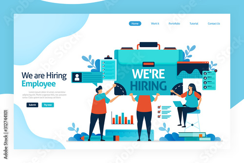 Landing page of we are hiring employees. open vacancies for job seekers. open recruitment agencies, jobs interview. selection and analysis knowledge, skills, abilities. website, mobile apps, poster.