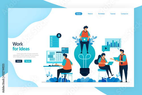 Landing page of work for idea. Employee work and discuss to improve company performance, services, financial gain. Big idea for problem solving and managing risk. Designed for website, mobile apps