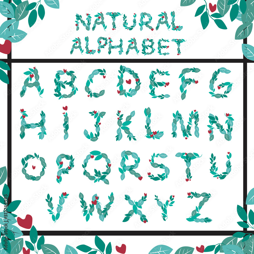 A alphabet or font with branches and leaves for spring and summer, a organic or natural vector stock illustration with unusual letters from plants for design