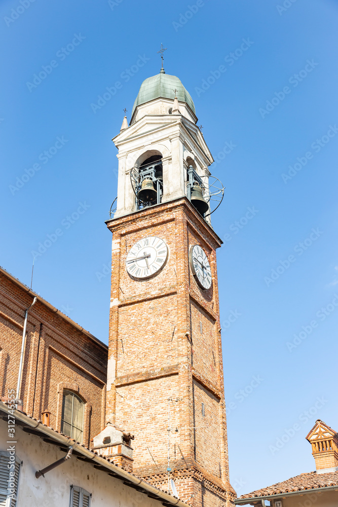 bell tower of the St Michael the Archangel parish church in Belgioioso city, Province of Pavia, Lombardy, Italy