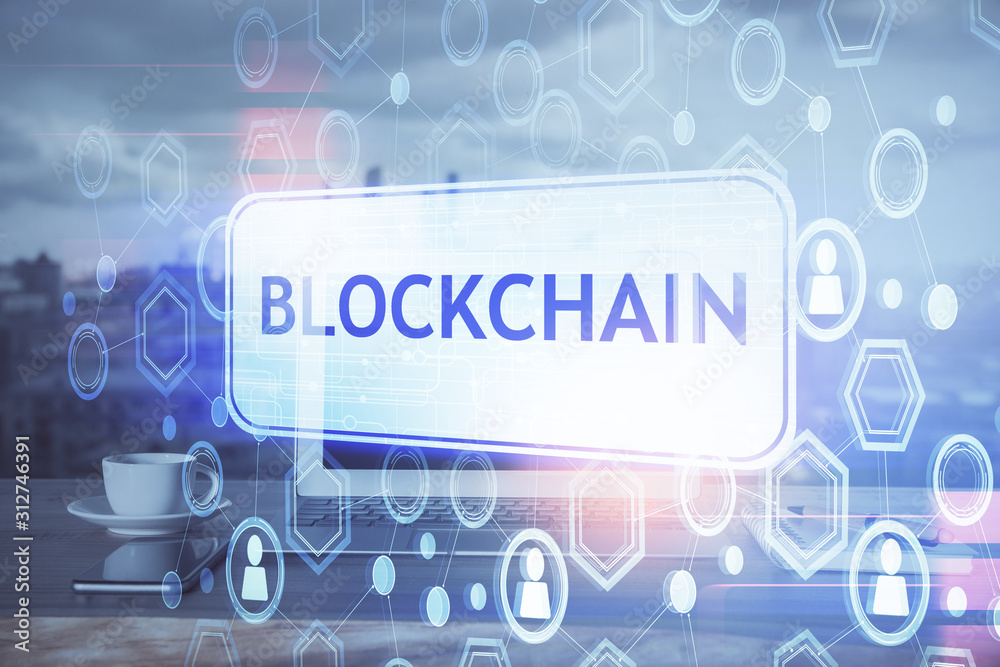 Double exposure of blockchain theme hologram and table with computer background. Concept of bitcoin crypto currency. Double exposure of blockchain theme hologram and table with computer background. Concept of bitcoin crypto currency.