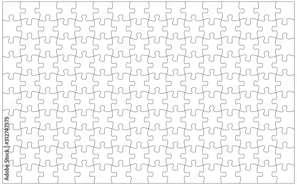 144 jigsaw pieces template. 16 x 9 puzzle pieces connected together.