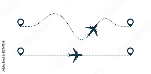 Airplane silhouette icon with dotted line path.