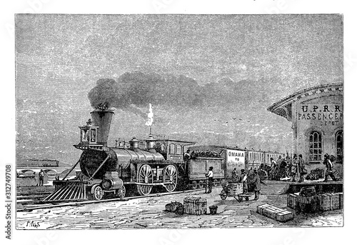 Train of the Central Pacific Railroad departing from Omaha Station, Nebraska