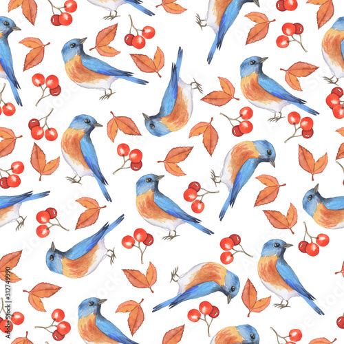 Seamless pattern with bluebird, autumn leaves and red berries on white background. Hand drawn watercolor illustration.