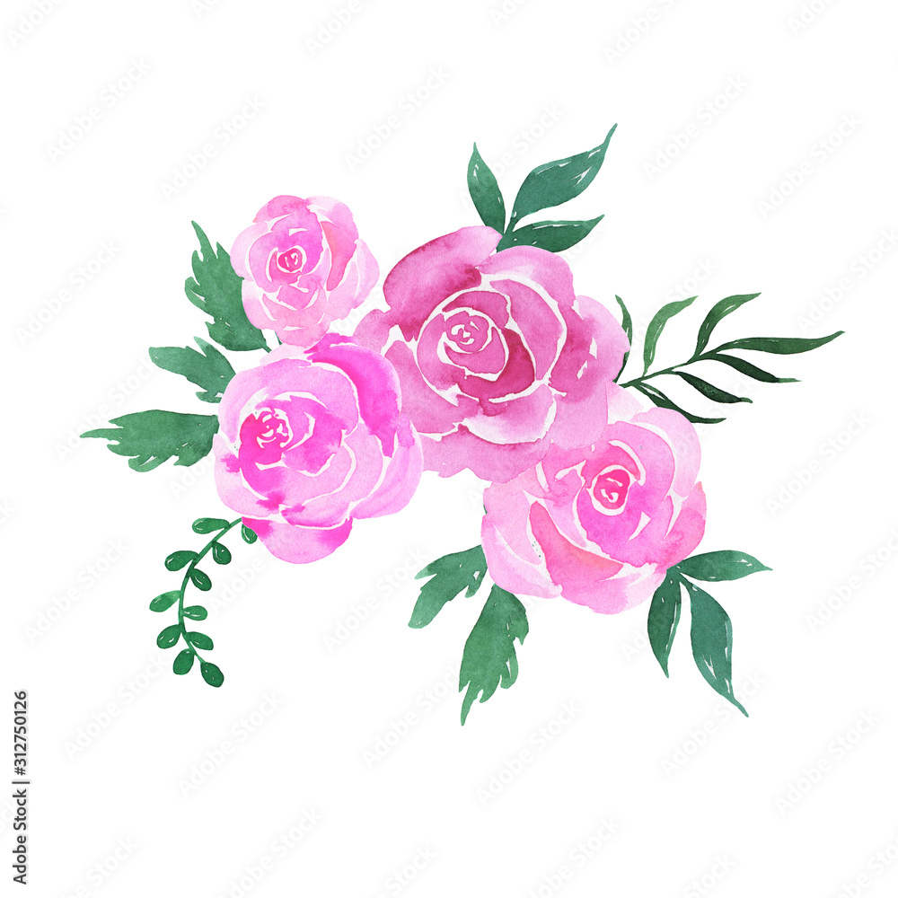 Cartoon pink rose flowers and green leaves bouquet isolated on white ...