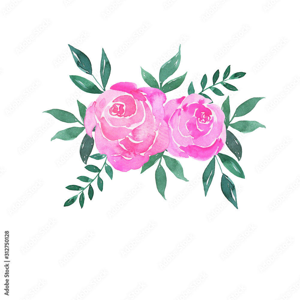 Doodle pink rose flowers and green leaves bouquet isolated on white background. Hand drawn watercolor illustration.