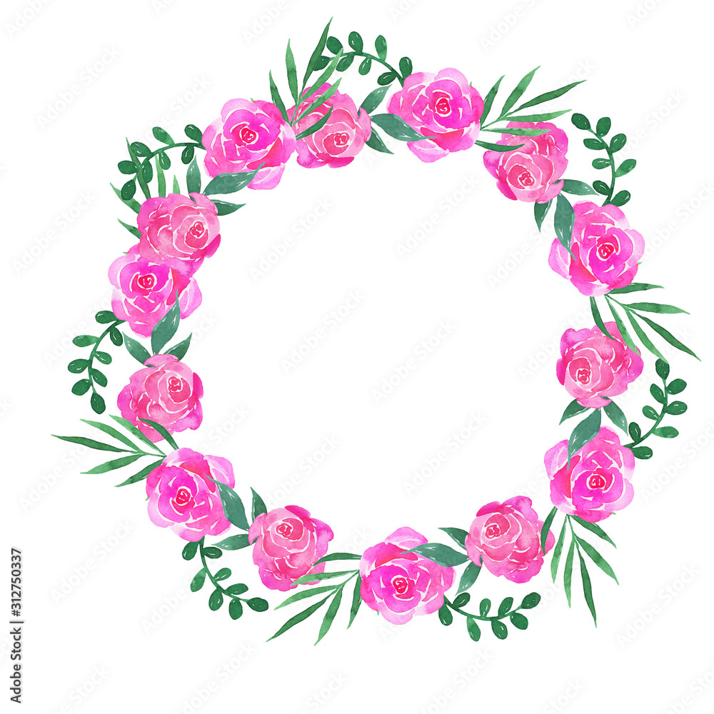 Cartoon pink rose flowers and green leaves round frame isolated on white background. Hand drawn watercolor illustration.