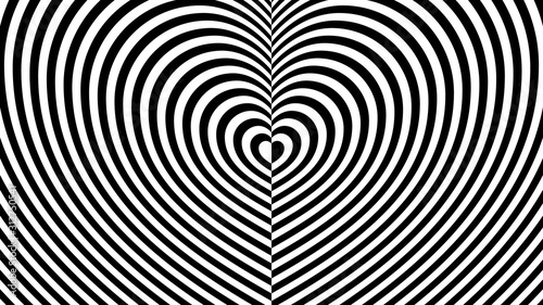 Fashionable ornament with the effect of optical illusion. Striped pattern in the form of an endless heart on two sides from repeating black lines. Flat minimalism.