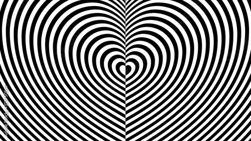 Fashionable ornament with the effect of optical illusion. Striped pattern in the form of an endless heart on two sides from repeating black lines. Flat minimalism.