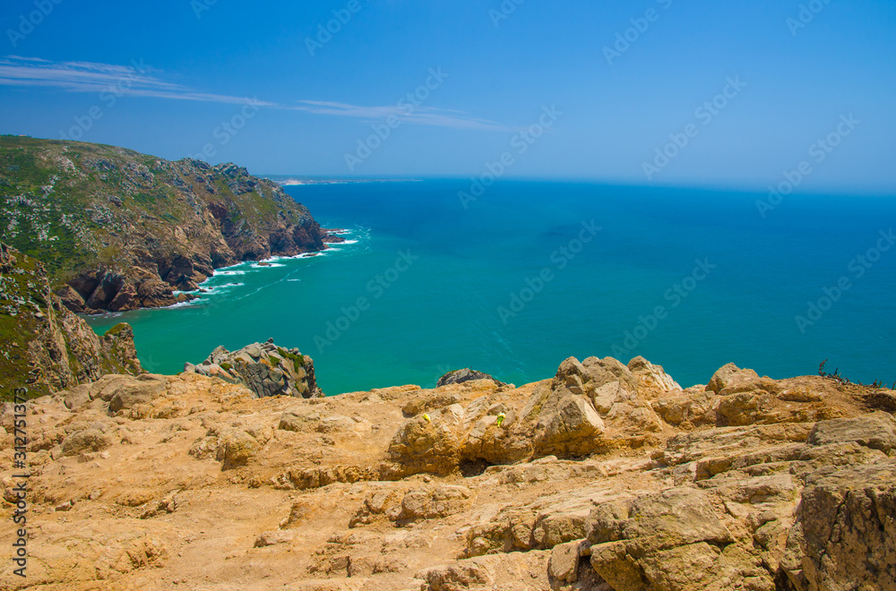 Portugal, The Western Cape Roca of Europe, landscape of Cape Roca, Atlantic ocean coastline view from Cabo da Roca, Azure Atlantic water, cliffs of coastline at the extreme point of Europe