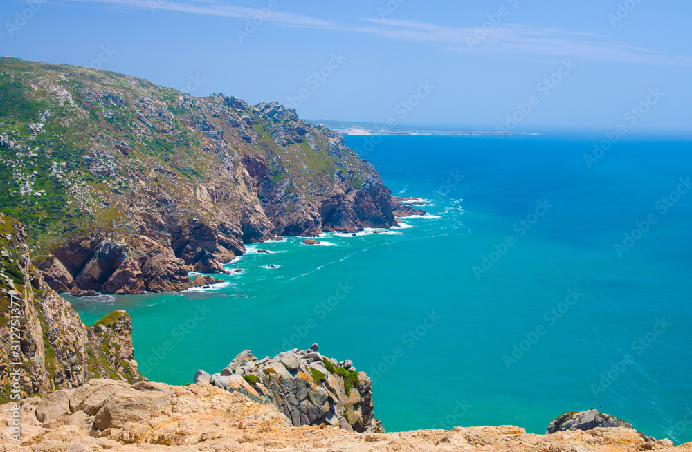 Portugal, The Western Cape Roca of Europe,  landscape of Cape Roca, Atlantic ocean coastline view from Cabo da Roca, Azure Atlantic water, cliffs of coastline at the extreme point of Europe