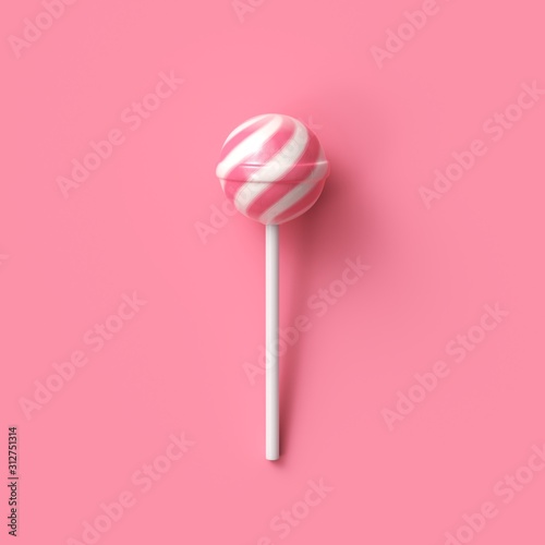 Obraz na płótnie Striped fruit pink and white lollipop on stick on pink background