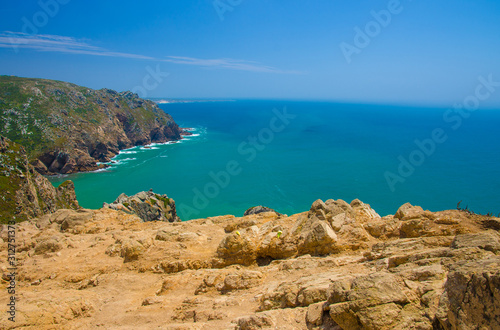 Portugal, The Western Cape Roca of Europe, landscape of Cape Roca, Atlantic ocean coastline view from Cabo da Roca, Azure Atlantic water, cliffs of coastline at the extreme point of Europe